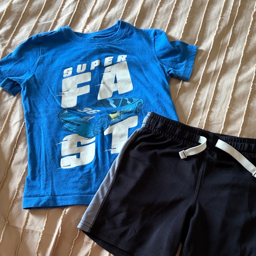 Carter's Blue & Black Kids Matching Set - Super Fast Car Tee + Shorts